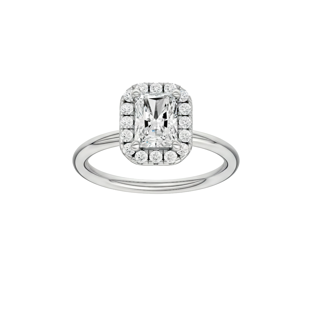 Radiant-cut diamond engagement ring with a plain band and halo setting.