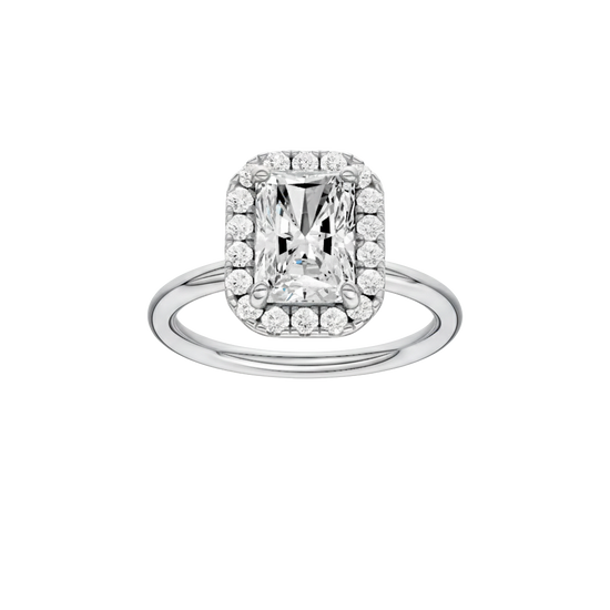 Radiant-cut diamond engagement ring with a plain band and halo setting.
