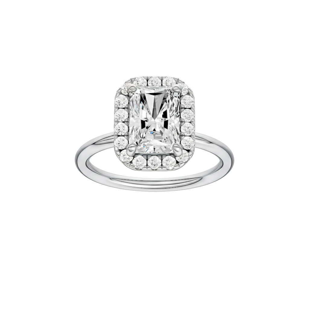 Radiant-cut diamond engagement ring with a plain band and halo setting.