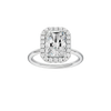 Radiant-cut diamond engagement ring with a plain band and halo setting.