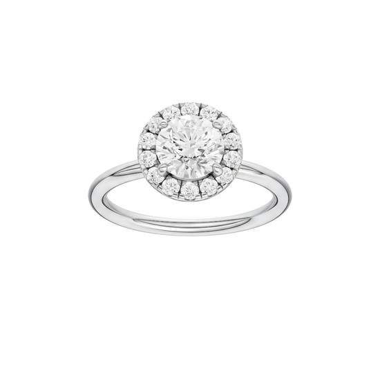 Round-cut diamond engagement ring with a plain band and halo setting.