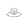 Round-cut diamond engagement ring with a plain band and halo setting.