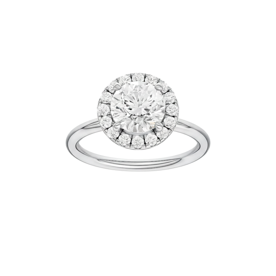 Round-cut diamond engagement ring with a plain band and halo setting.