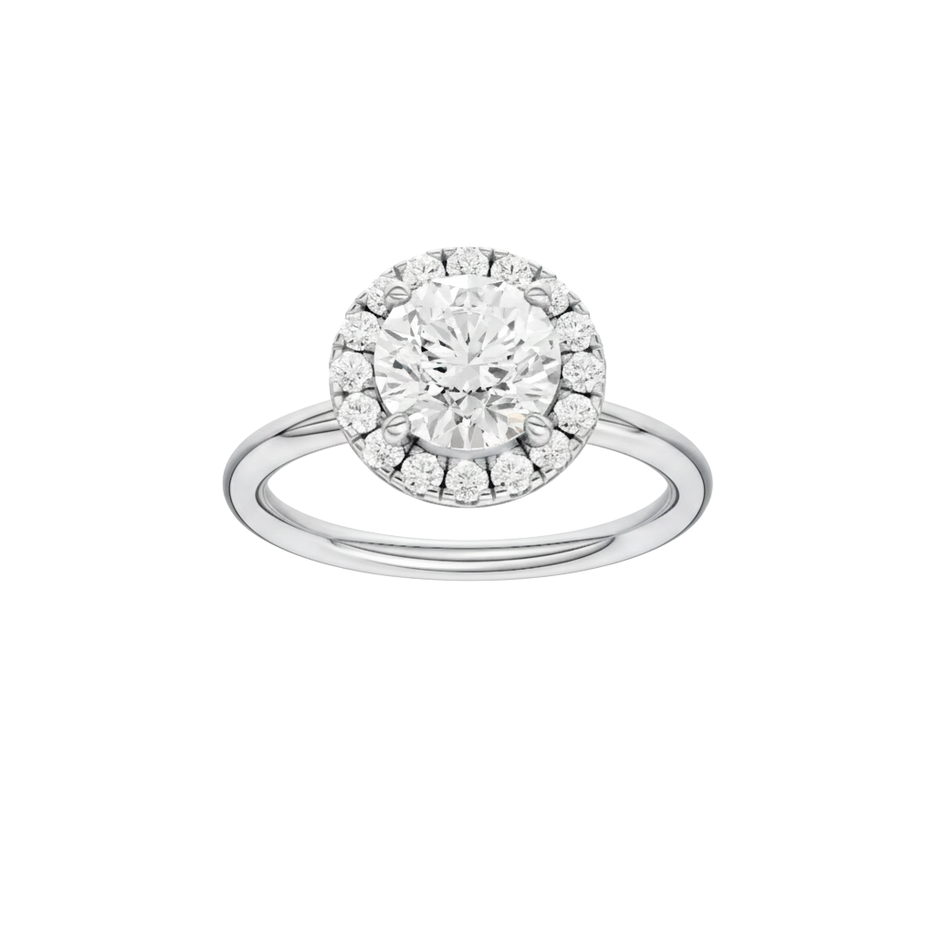 Round-cut diamond engagement ring with a plain band and halo setting.