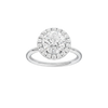 Round-cut diamond engagement ring with a plain band and halo setting.