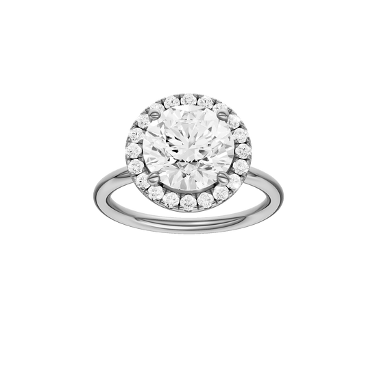 Round-cut diamond engagement ring with a plain band and halo setting.