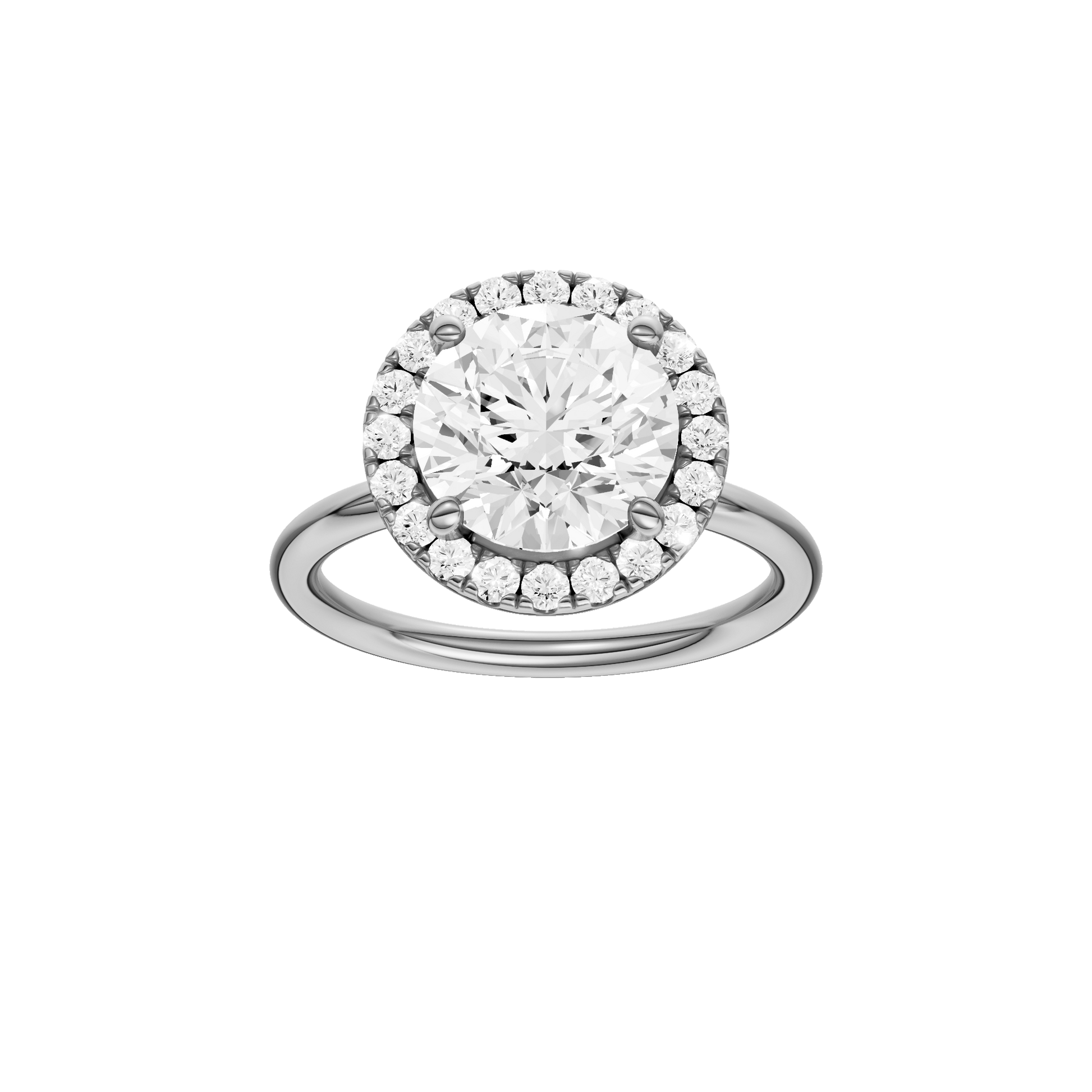 Round-cut diamond engagement ring with a plain band and halo setting.