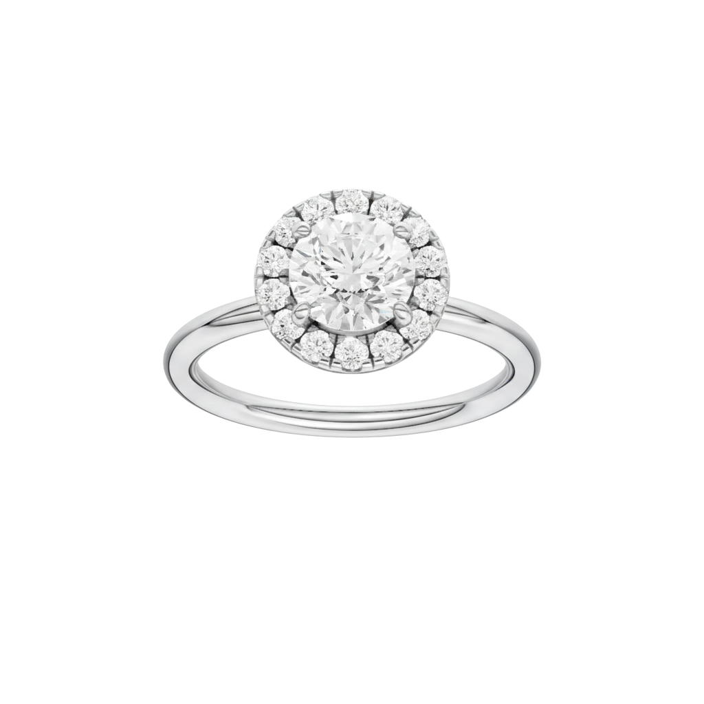 Round-cut diamond engagement ring with a plain band and halo setting.