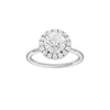Round-cut diamond engagement ring with a plain band and halo setting.