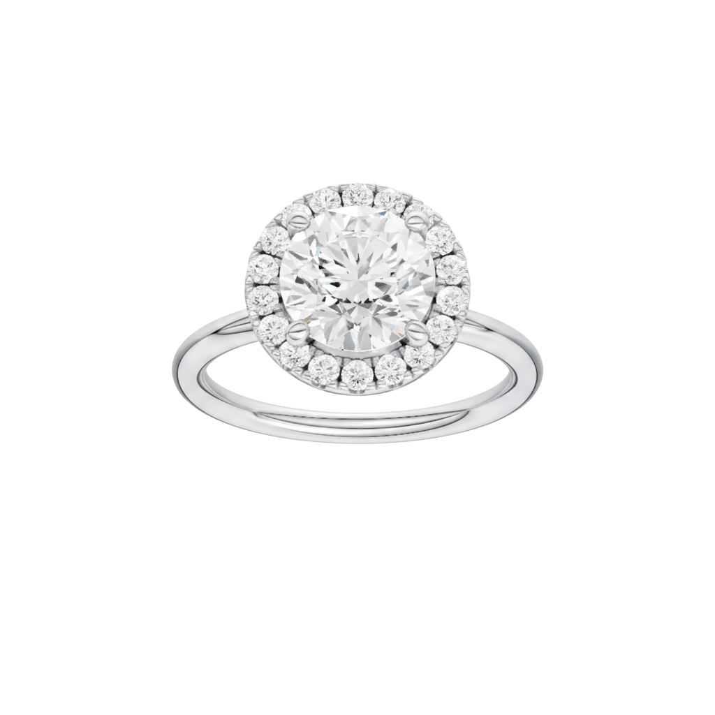 Round-cut diamond engagement ring with a plain band and halo setting.