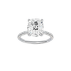 Elongated cushion-cut diamond engagement ring with a pavé-set diamond band and solitaire setting.