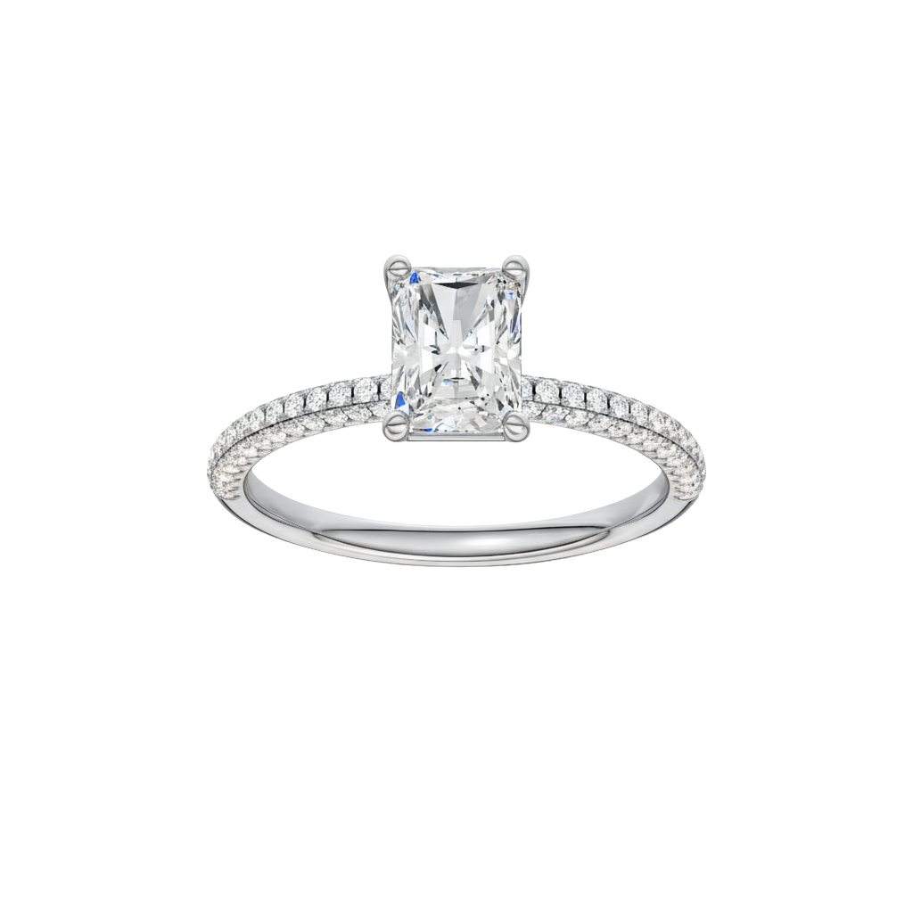 Radiant-cut diamond engagement ring with a pavé-set diamond band and solitaire setting.