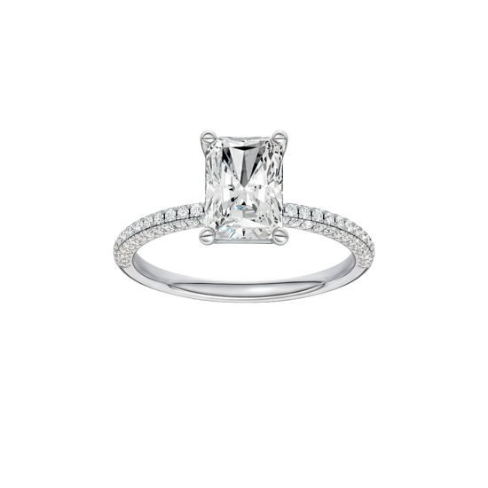 Radiant-cut diamond engagement ring with a pavé-set diamond band and solitaire setting.