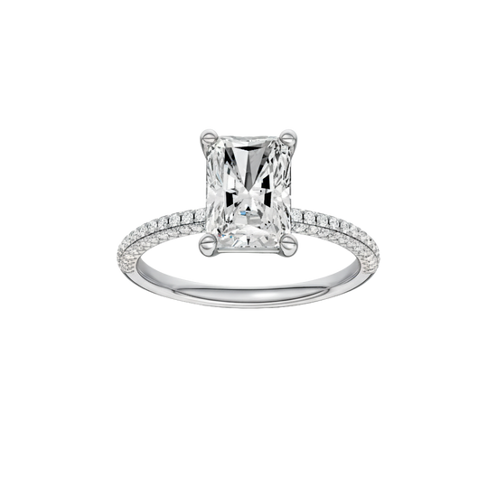 Radiant-cut diamond engagement ring with a pavé-set diamond band and solitaire setting.