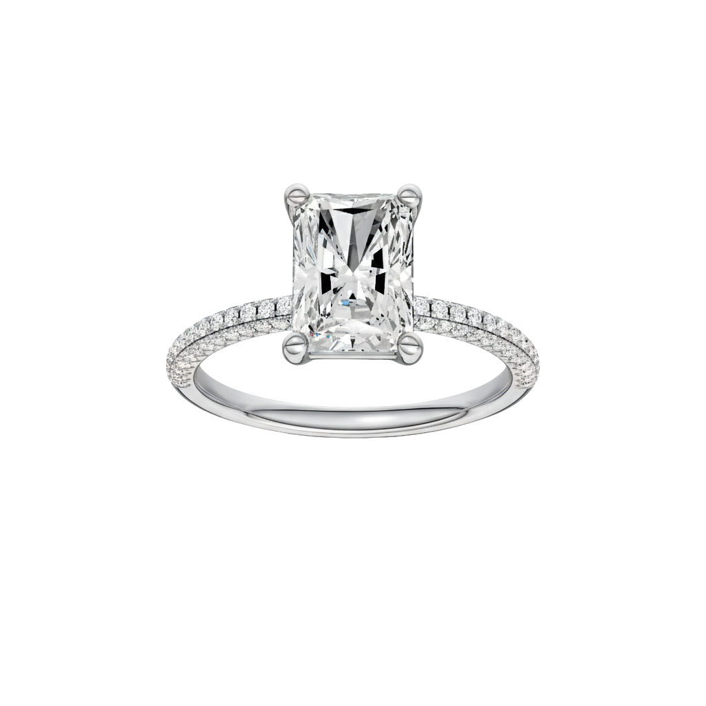 Radiant-cut diamond engagement ring with a pavé-set diamond band and solitaire setting.