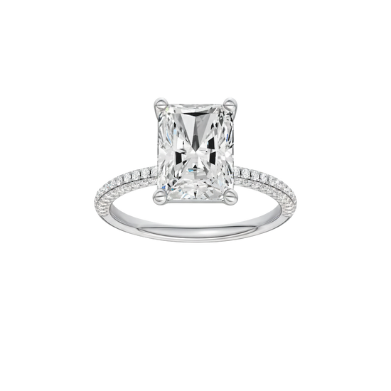 Radiant-cut diamond engagement ring with a pavé-set diamond band and solitaire setting.