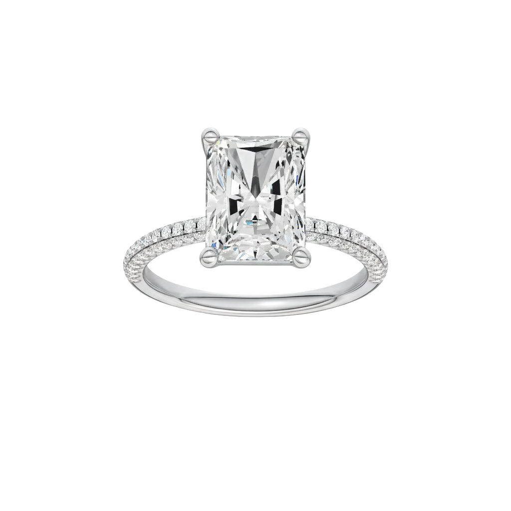Radiant-cut diamond engagement ring with a pavé-set diamond band and solitaire setting.