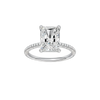 Radiant-cut diamond engagement ring with a pavé-set diamond band and solitaire setting.