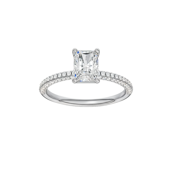 Radiant-cut diamond engagement ring with a pavé-set diamond band and solitaire setting.