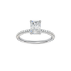 Radiant-cut diamond engagement ring with a pavé-set diamond band and solitaire setting.
