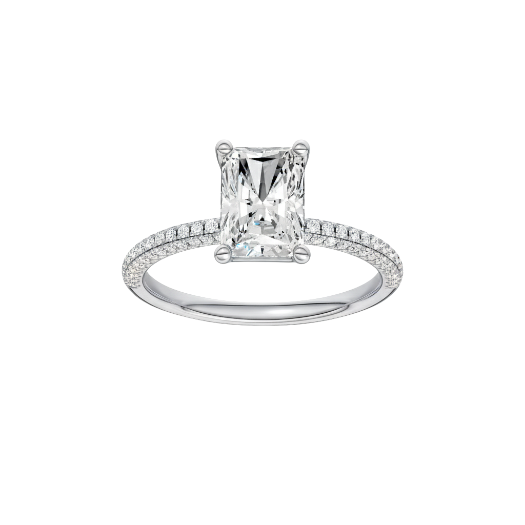 Radiant-cut diamond engagement ring with a pavé-set diamond band and solitaire setting.