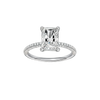Radiant-cut diamond engagement ring with a pavé-set diamond band and solitaire setting.