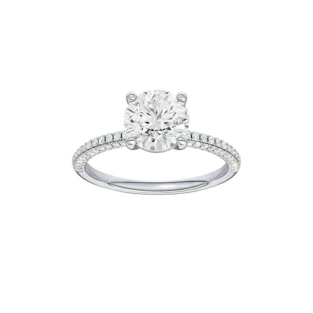 Round-cut diamond engagement ring with a pavé-set diamond band and solitaire setting.