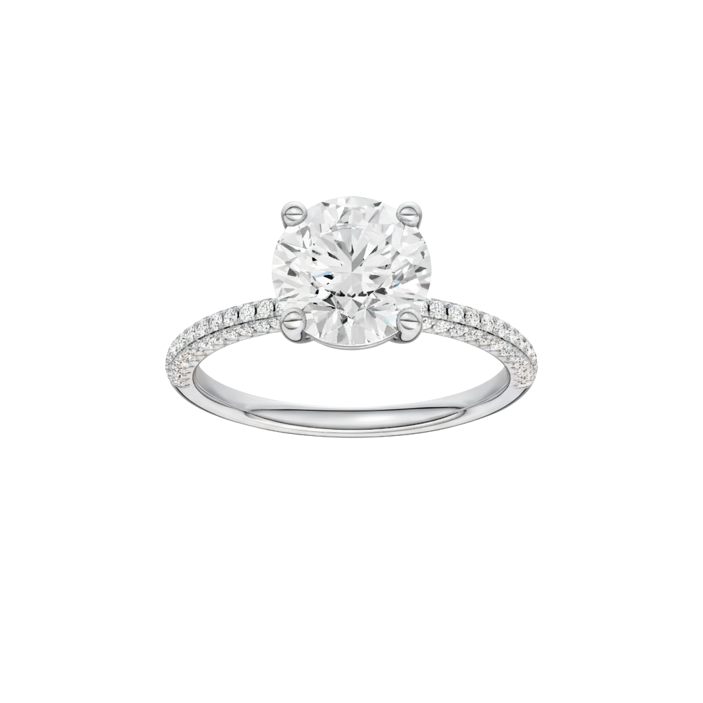 Round-cut diamond engagement ring with a pavé-set diamond band and solitaire setting.