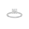 Round-cut diamond engagement ring with a pavé-set diamond band and solitaire setting.