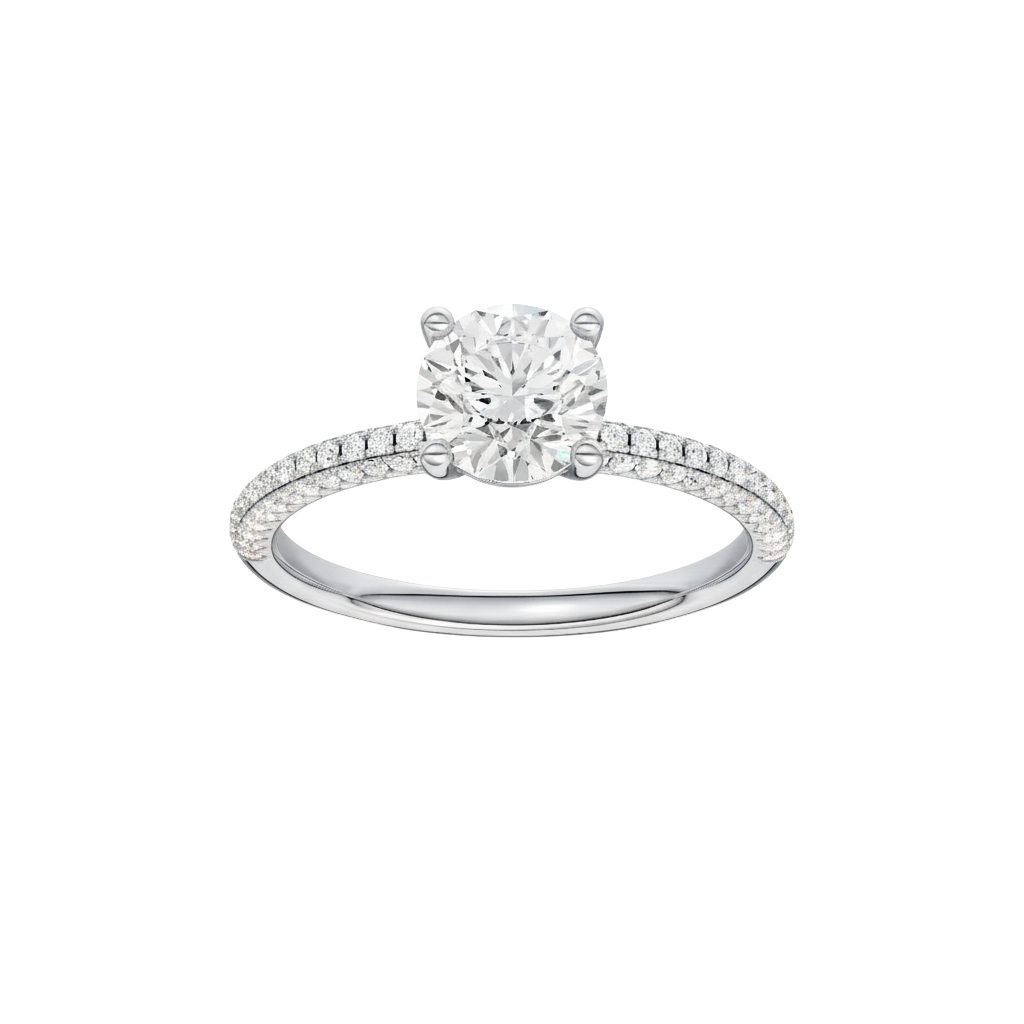 Round-cut diamond engagement ring with a pavé-set diamond band and solitaire setting.