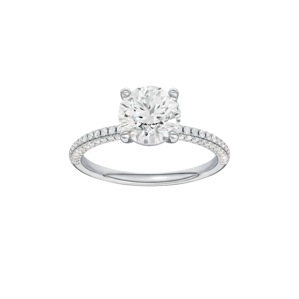 Round-cut diamond engagement ring with a pavé-set diamond band and solitaire setting.
