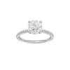 Round-cut diamond engagement ring with a pavé-set diamond band and solitaire setting.