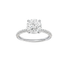Round-cut diamond engagement ring with a pavé-set diamond band and solitaire setting.