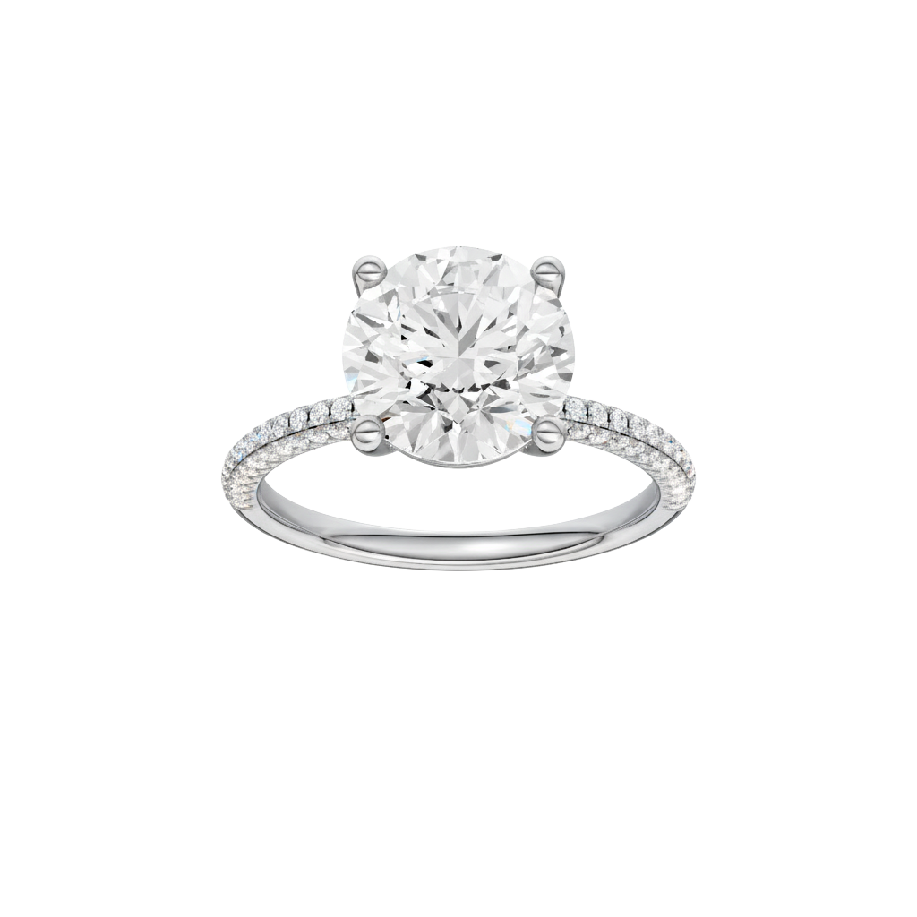 Round-cut diamond engagement ring with a pavé-set diamond band and solitaire setting.