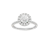 Round-cut diamond engagement ring with a pavé-set diamond band and halo setting.