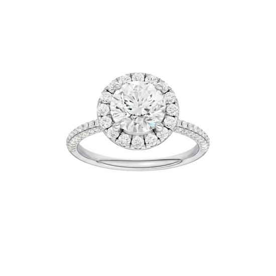 Round-cut diamond engagement ring with a pavé-set diamond band and halo setting.