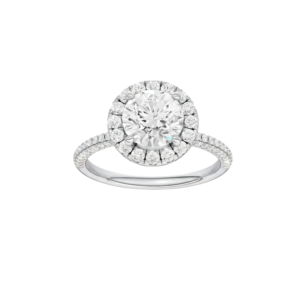Round-cut diamond engagement ring with a pavé-set diamond band and halo setting.