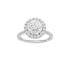 Round-cut diamond engagement ring with a pavé-set diamond band and halo setting.