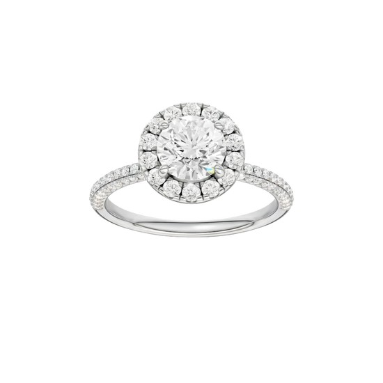 Round-cut diamond engagement ring with a pavé-set diamond band and halo setting.