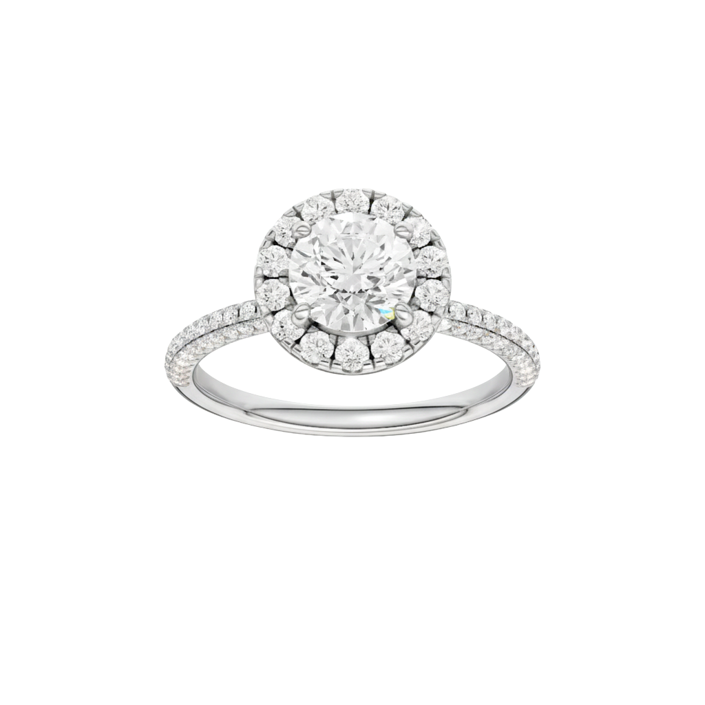Round-cut diamond engagement ring with a pavé-set diamond band and halo setting.