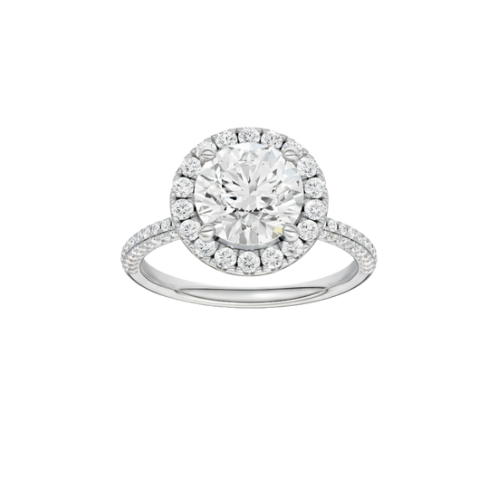 Round-cut diamond engagement ring with a pavé-set diamond band and halo setting.