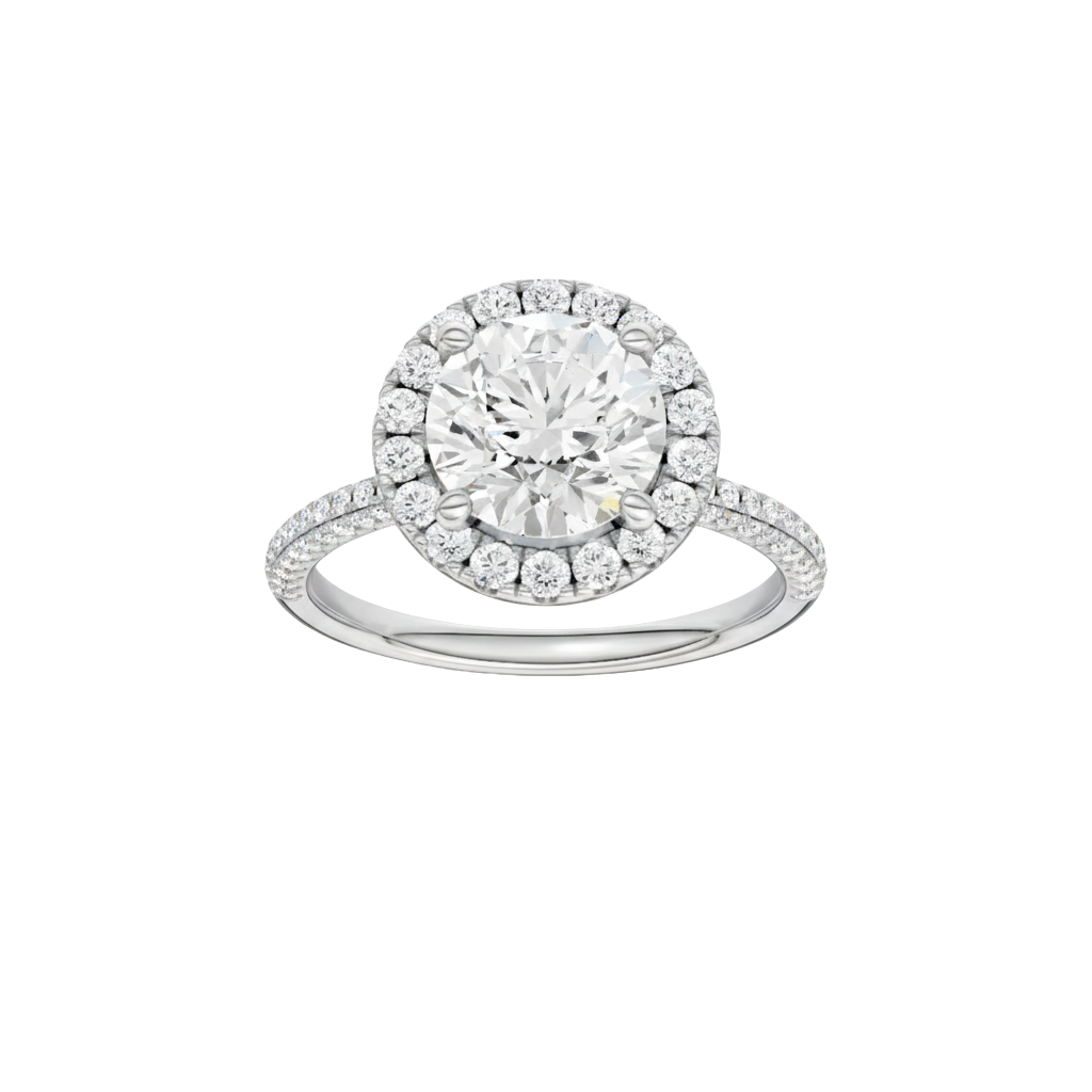 Round-cut diamond engagement ring with a pavé-set diamond band and halo setting.