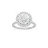 Round-cut diamond engagement ring with a pavé-set diamond band and halo setting.