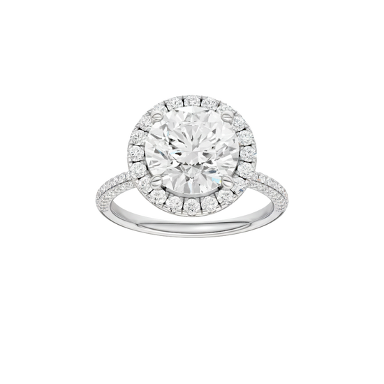 Round-cut diamond engagement ring with a pavé-set diamond band and halo setting.