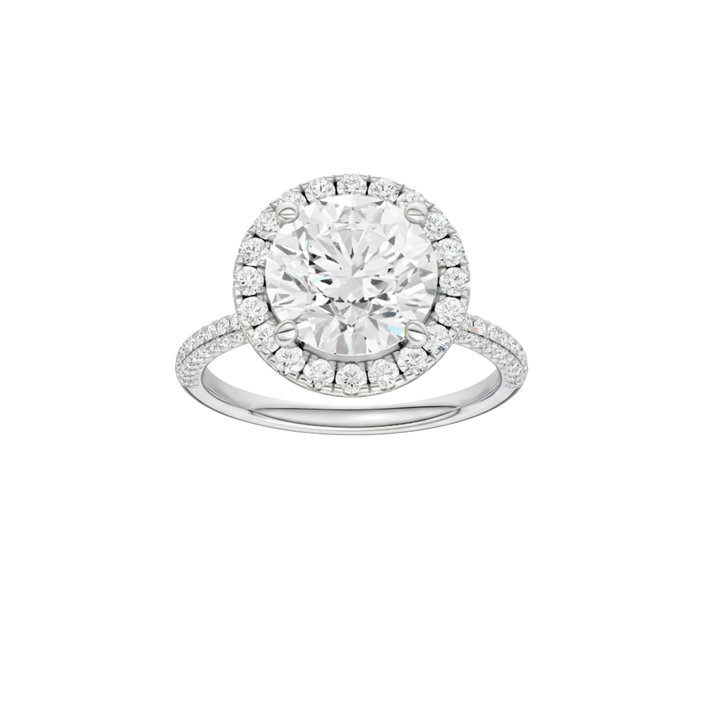 Round-cut diamond engagement ring with a pavé-set diamond band and halo setting.