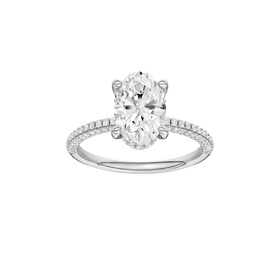 Oval-cut diamond engagement ring with a pavé-set diamond band and hidden-halo setting.