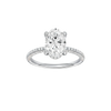 Oval-cut diamond engagement ring with a pavé-set diamond band and hidden-halo setting.