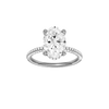 Oval-cut diamond engagement ring with a pavé-set diamond band and hidden-halo setting.