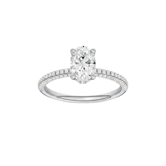 Oval-cut diamond engagement ring with a pavé-set diamond band and hidden-halo setting.