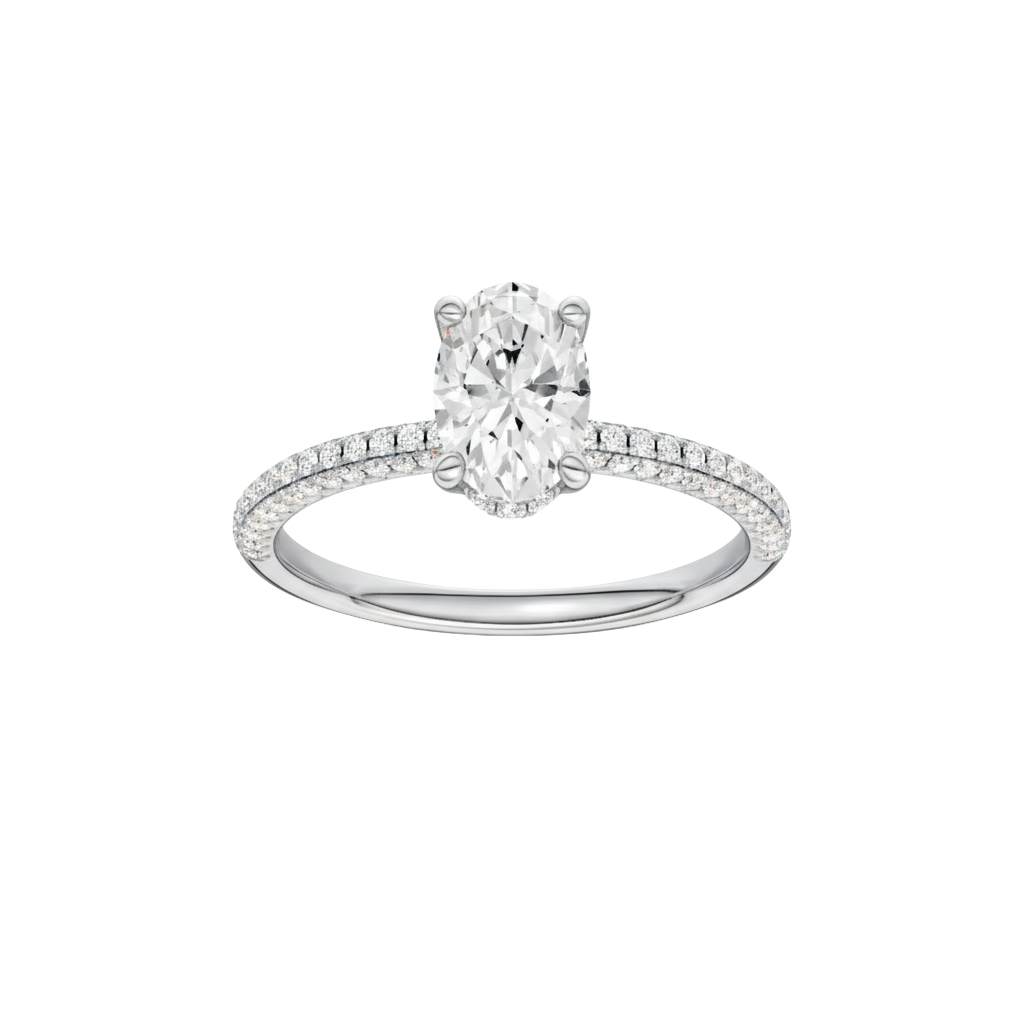 Oval-cut diamond engagement ring with a pavé-set diamond band and hidden-halo setting.